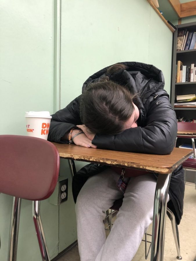 After a long night of restlessness, Oakmont student lays her head to rest on the desk below