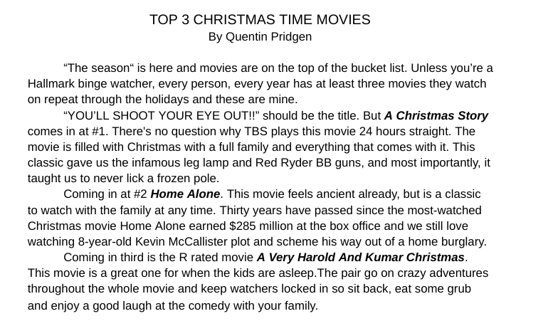 TOP THREE CHRISTMAS TIME MOVIES