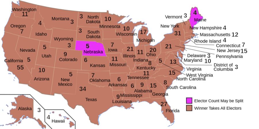 The photo above depicts the amount of votes per state within the Electoral College. 