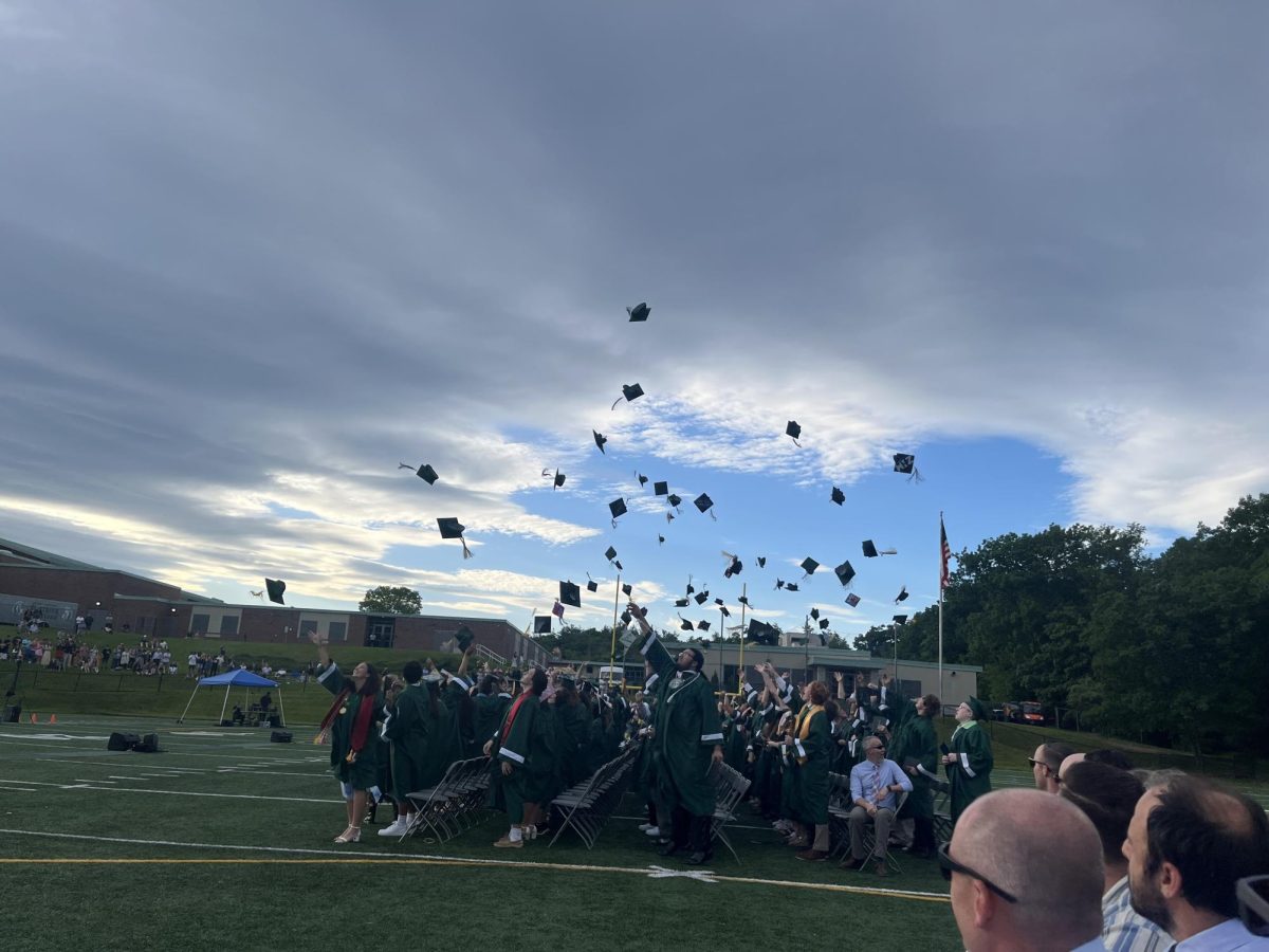 Seniors throwing their caps into the air celebrating graduation!