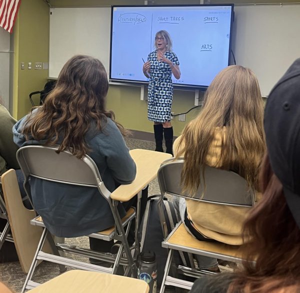 Author and journalist Dashka Slater speaks to Mr. Nevard's Journalism class during her visit to Oakmont. 