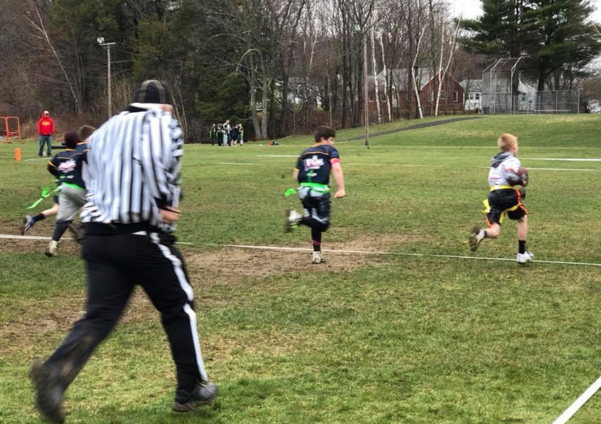 Central Mass Flag Football game, April 29, 2018. Bengals vs Chargers. Oakmont Junior Noah Fortier scores his first career touchdown.