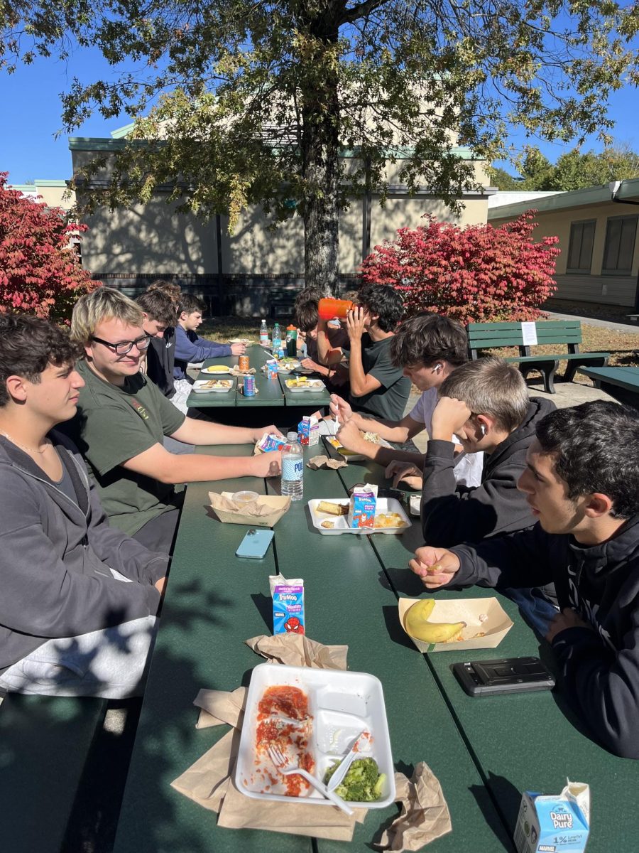 Seniors enjoying lunch for the first time in the senior courtyard.
