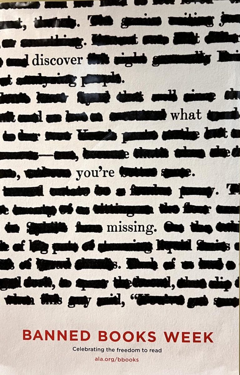 Poster representing banned book week, in Oakmont high schools library