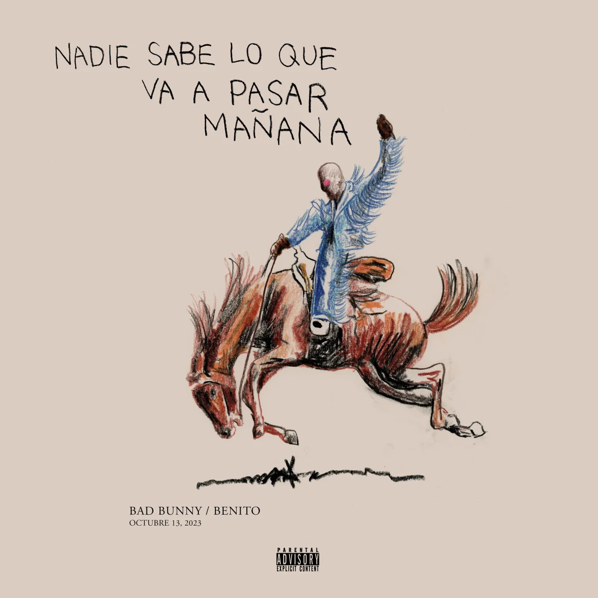 The cover of Bad Bunny’s album, Nadie Sabe Lo Que Va a Pasar Mañana (Rimas, 2023)