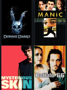 Movie posters: Clockwise from top left Donnie Darko (Flower Films, 2001), Manic (Next Wave Films, 2001), Buffalo 66' (Muse Productions, 1998), and Mysterious Skin (Desperate Pictures, 2004) 