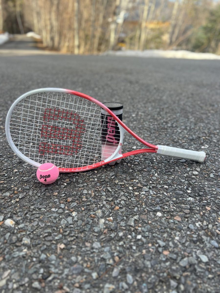 A tennis racket leaning on a tennis ball holder with a tennis ball next to it.