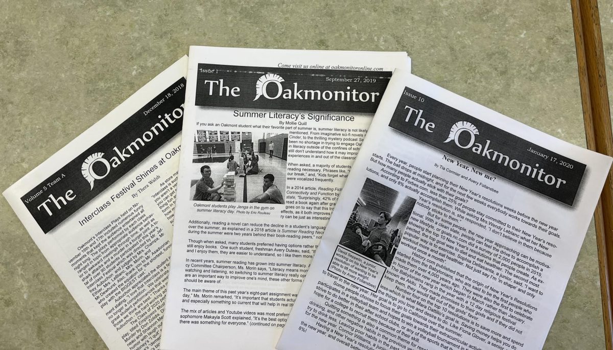 Oakmonitor Newspapers back when they  printed. left to right 2018,2019,2020