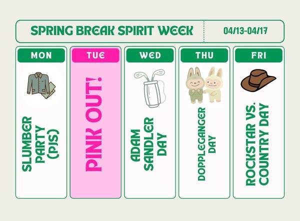 StuCo sponsors spring Spirit Week.
(Created by Dan Dufour)