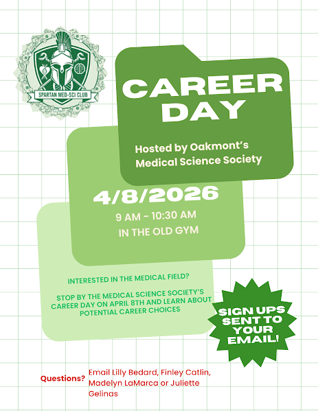 The Medical Science Society is hosting a career day, April 8th in the Old Gym from 9 - 10:30! 