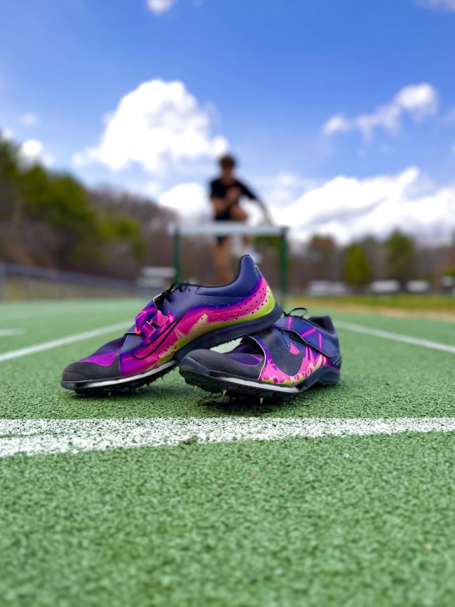 "Super Spikes" waiting for a track athlete at  the finish line.