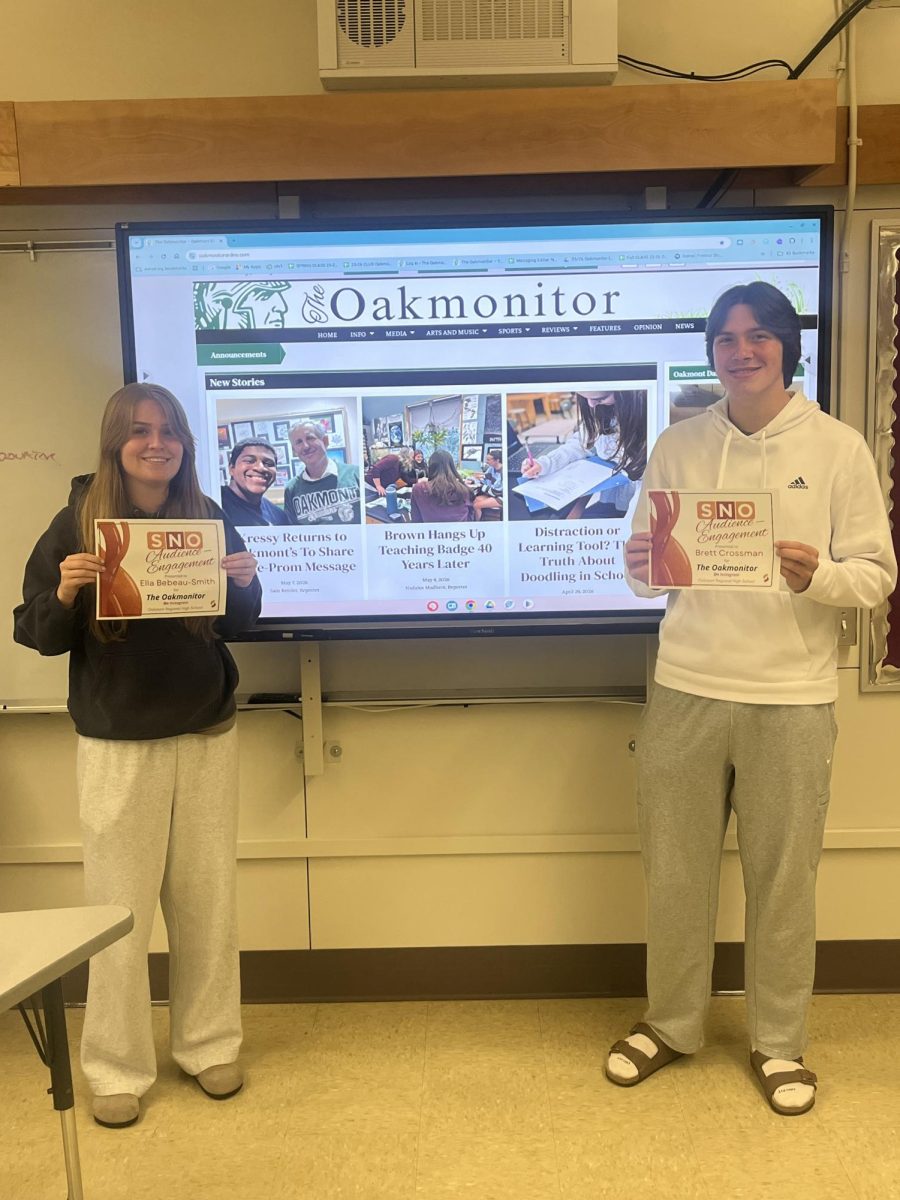 Public Relations managers, Ella Bebeau-Smith and Brett Crossman earned the national SNO Badge for Audience Engagement garnering over 500 followers, commiting to consistent posts, and improving the quality of The Oakmoitor's social media coverage on Instagram.