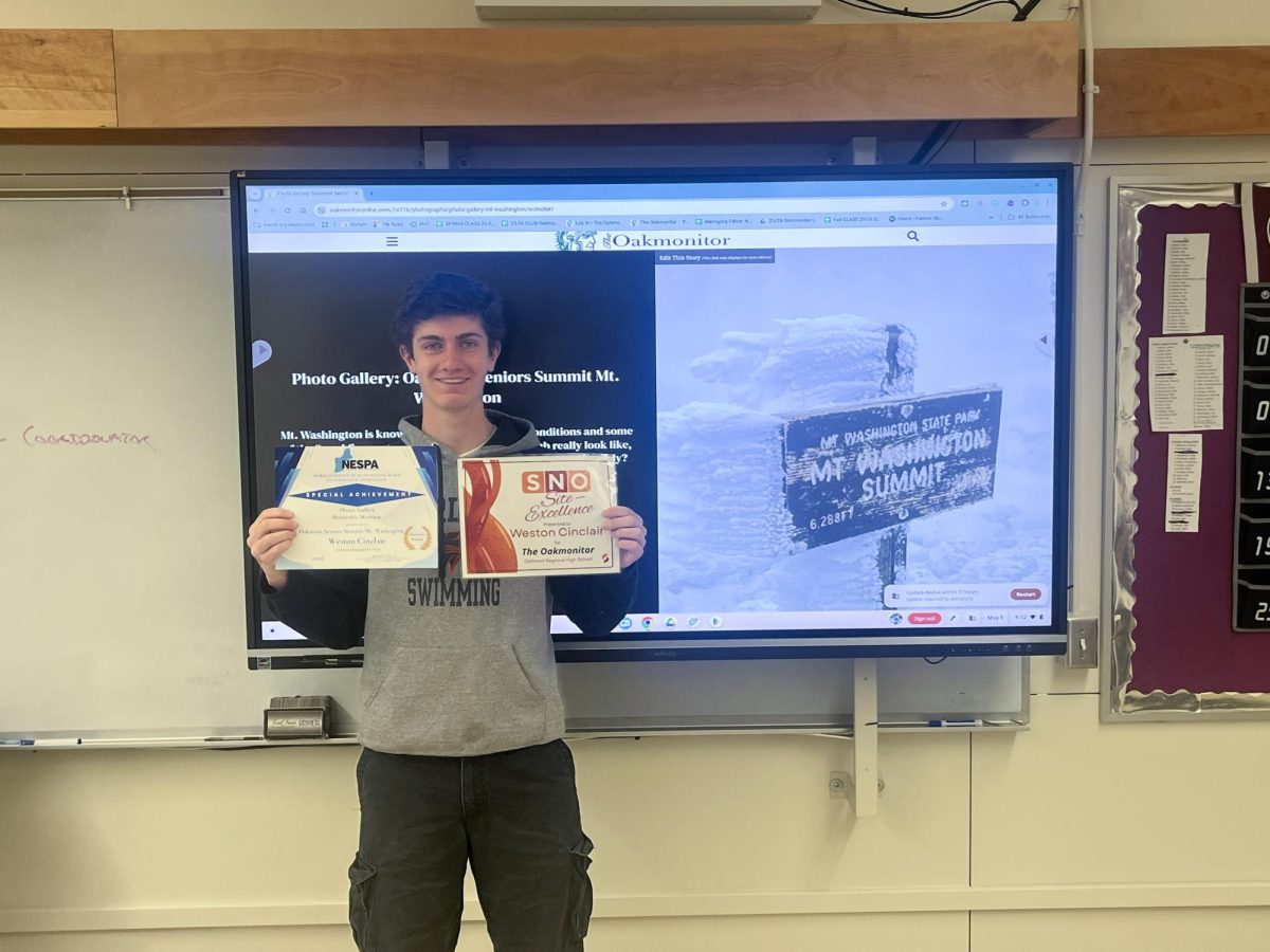 Cinclair, The Oakmonitor's two-year layout design editor,  has earned two awards.  National SNO Badge for Site Excellence in design and a NESPA Honorable Mention for his Mt. Washington Photo gallery.